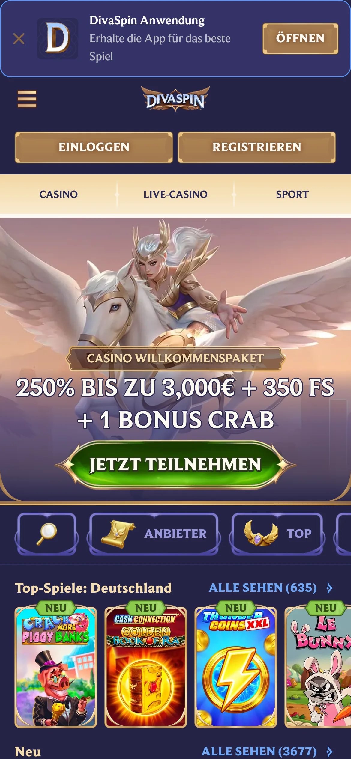 Diva Spin Casino mobile lobby screenshot